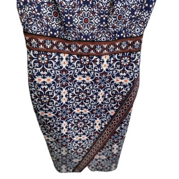 Maggy London Dress V Neck Midi Navy Print Stretchy US 6 EUC - Picture 5 of 5